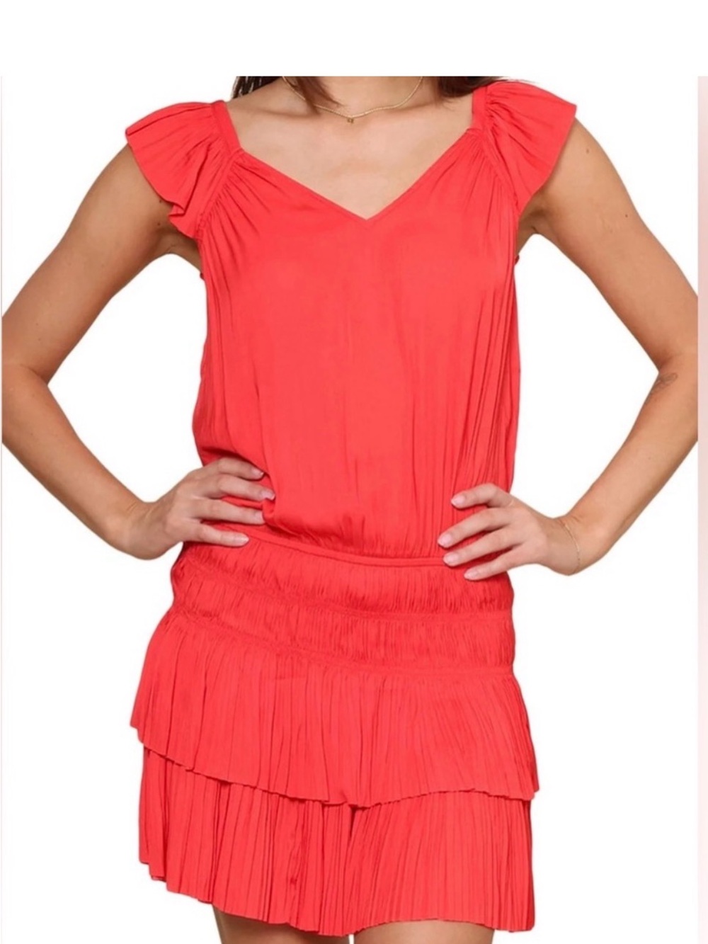 Coral V-Neck Tiered Pleated Dress